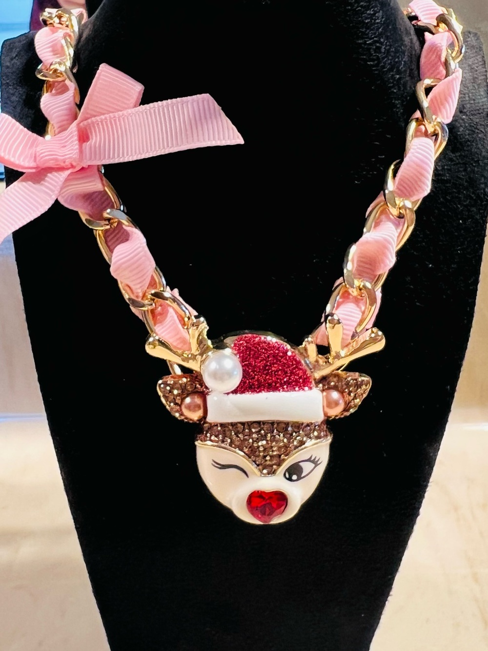 BETSEY JOHNSON Reindeer Pendant Necklace Crystals Gold Pink Ribbon Bow Coquette